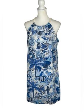 London Times Blue and White Tropical Halter Dress
